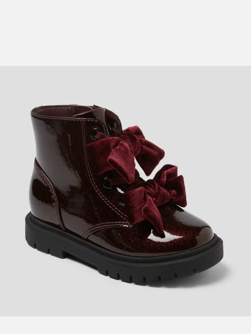 Cat & Jack Burgundy Patent Ankle Boots with Velvet Bow Laces